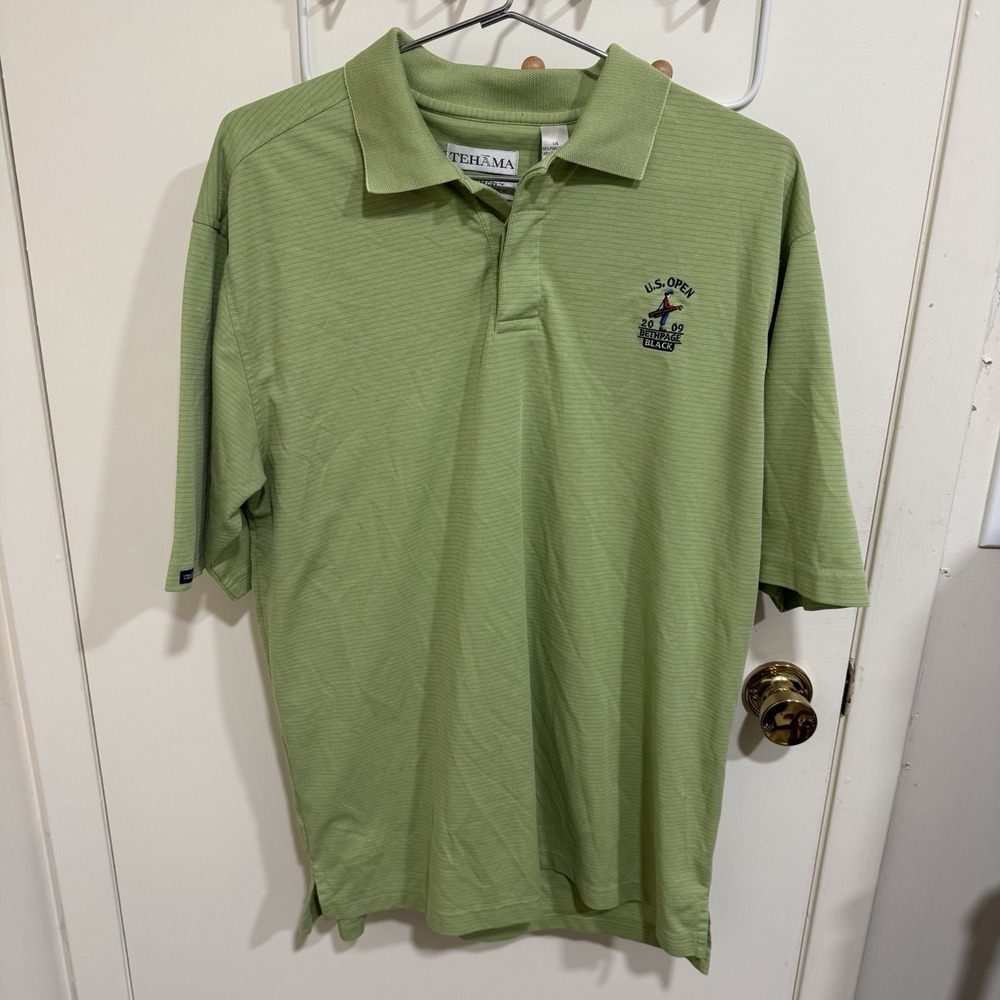Tehama Golf Polo Bethpage Black 2009 US Open Men's Size Large Green Stripe